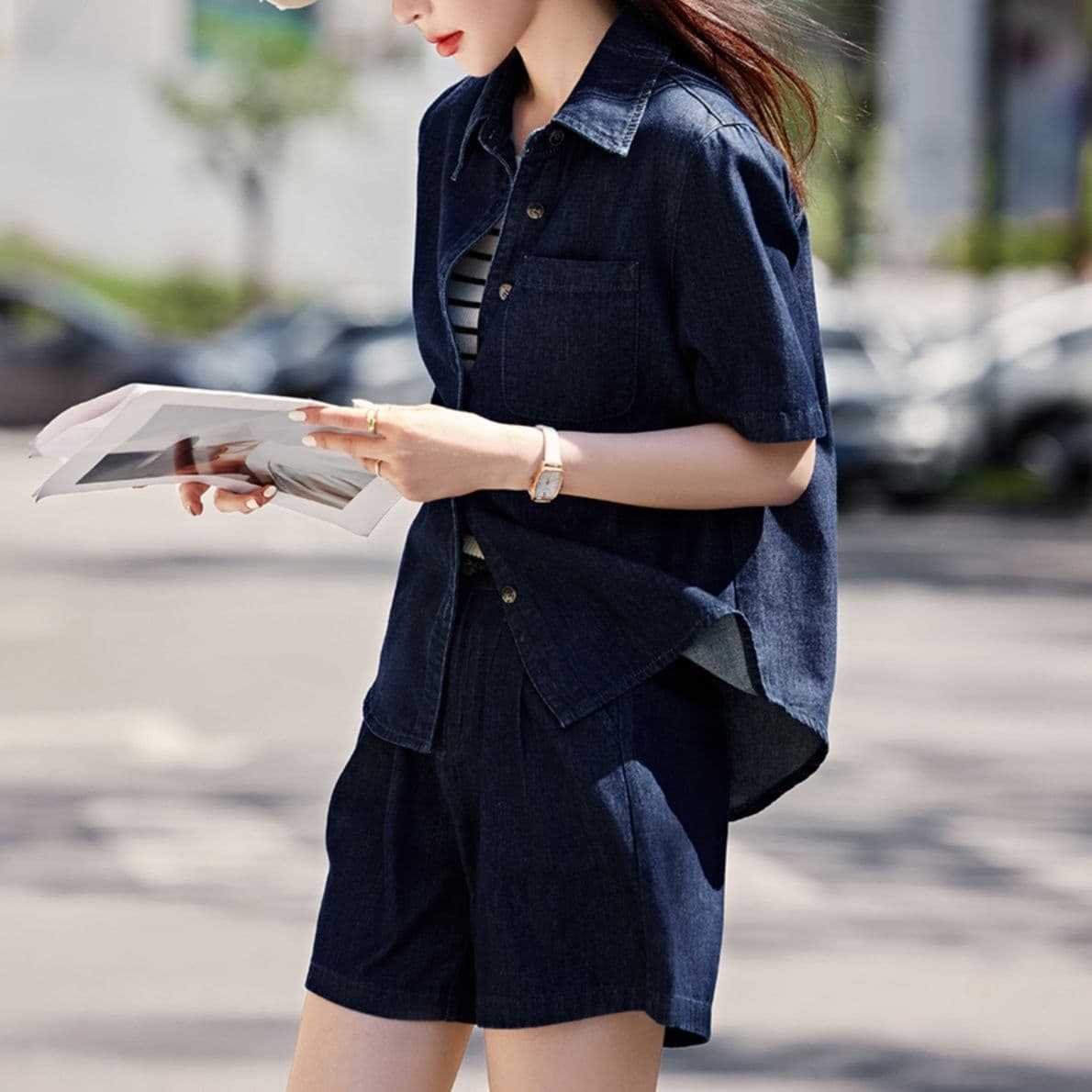 ダークデニムセットアップ シンプル半袖シャツ×ショートパンツ 爽やかきれいめ2点セット