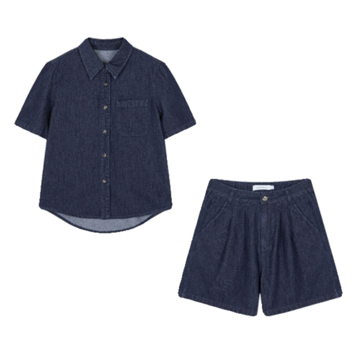 ダークデニムセットアップ シンプル半袖シャツ×ショートパンツ 爽やかきれいめ2点セット