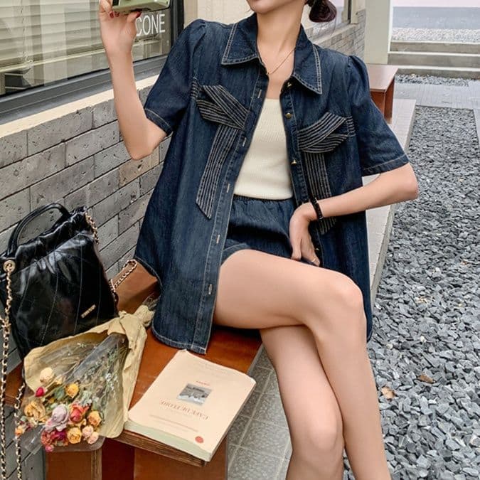 リボンデザイン半袖シャツ＆ショートパンツ きれいめフェミかわデニムセットアップ