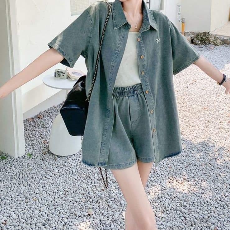 デニムセットアップ リボン刺繍半袖シャツ＆ショートパンツ ゆったりレトロフェミカジ2点セット