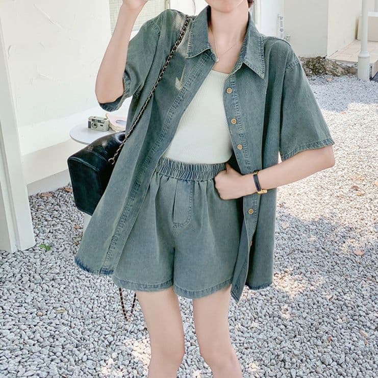 デニムセットアップ リボン刺繍半袖シャツ＆ショートパンツ ゆったりレトロフェミカジ2点セット