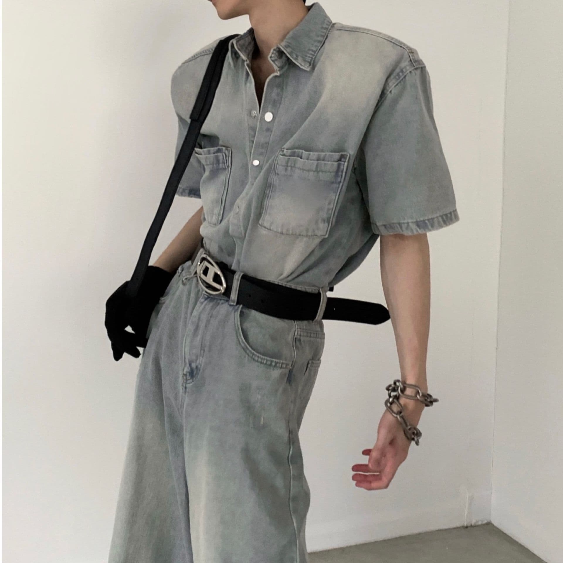 韓国風半袖デニムシャツ＋ワイドパンツ メンズ向け やんちゃクールなヴィンテージセットアップ