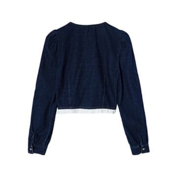 デニムセットアップ フリル装飾長袖トップス&フレアロングスカート 上品華やか 大人フェミニン2点セット