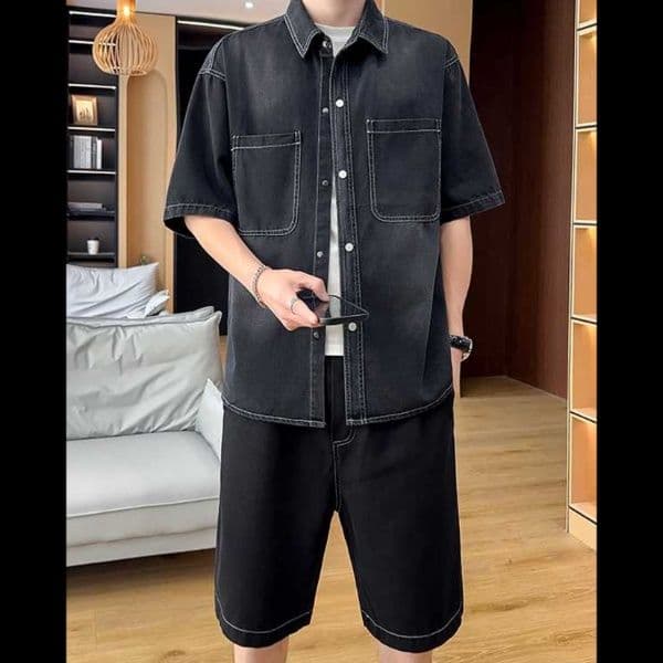 デニムセットアップ ゆったり半袖シャツ＋ハーフパンツ メンズ向け 夏のシンプルカジュアル2点セット