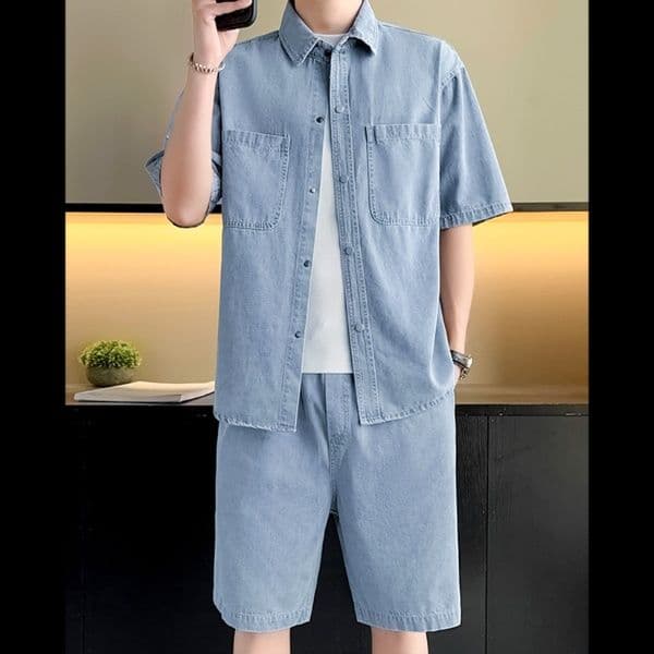 デニムセットアップ ゆったり半袖シャツ＋ハーフパンツ メンズ向け 夏のシンプルカジュアル2点セット