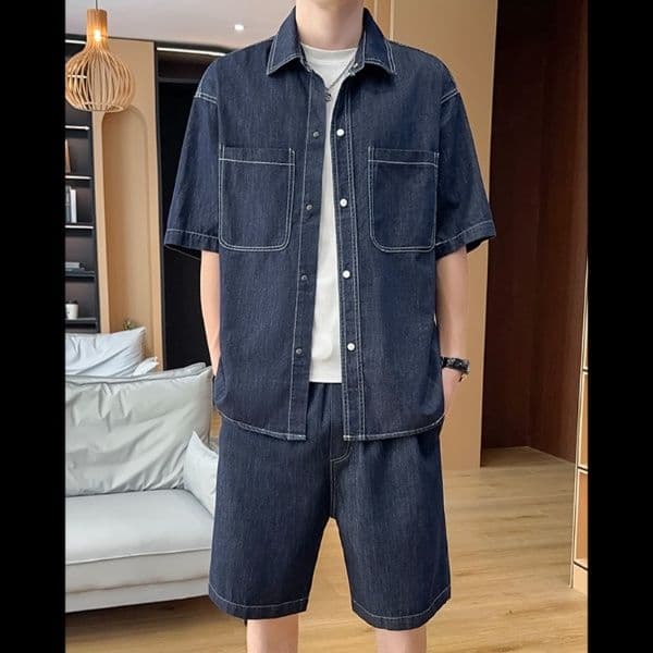 デニムセットアップ ゆったり半袖シャツ＋ハーフパンツ メンズ向け 夏のシンプルカジュアル2点セット