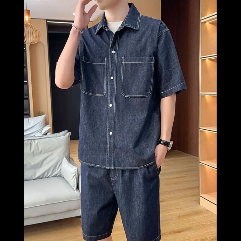 デニムセットアップ ゆったり半袖シャツ＋ハーフパンツ メンズ向け 夏のシンプルカジュアル2点セット