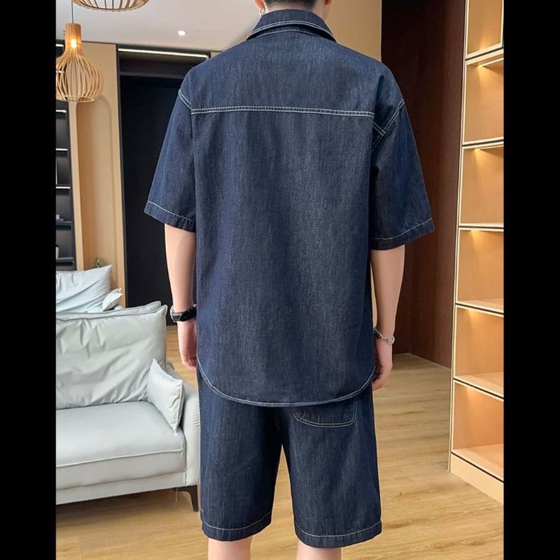 デニムセットアップ ゆったり半袖シャツ＋ハーフパンツ メンズ向け 夏のシンプルカジュアル2点セット