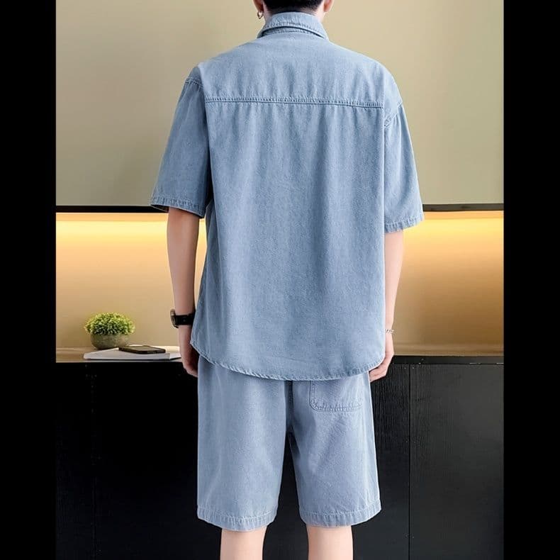 デニムセットアップ ゆったり半袖シャツ＋ハーフパンツ メンズ向け 夏のシンプルカジュアル2点セット