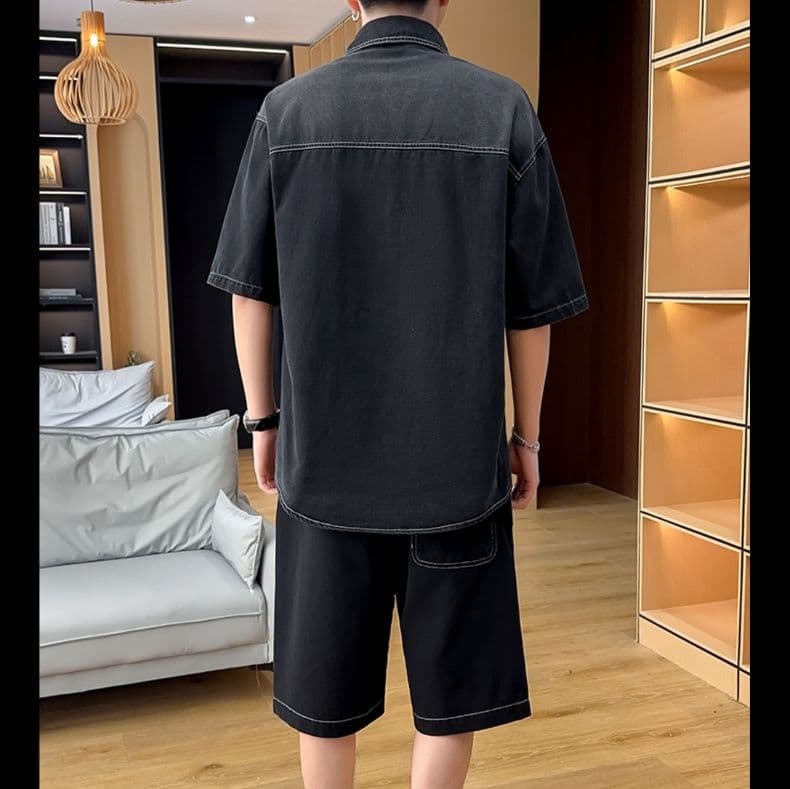 デニムセットアップ ゆったり半袖シャツ＋ハーフパンツ メンズ向け 夏のシンプルカジュアル2点セット