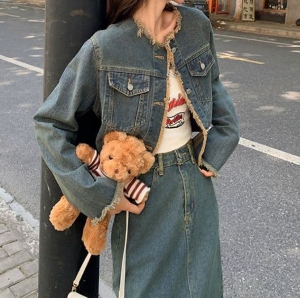 フリンジショートジャケット&ハイウエストロングスカート 大人かわいいレトロ風デニムセットアップ