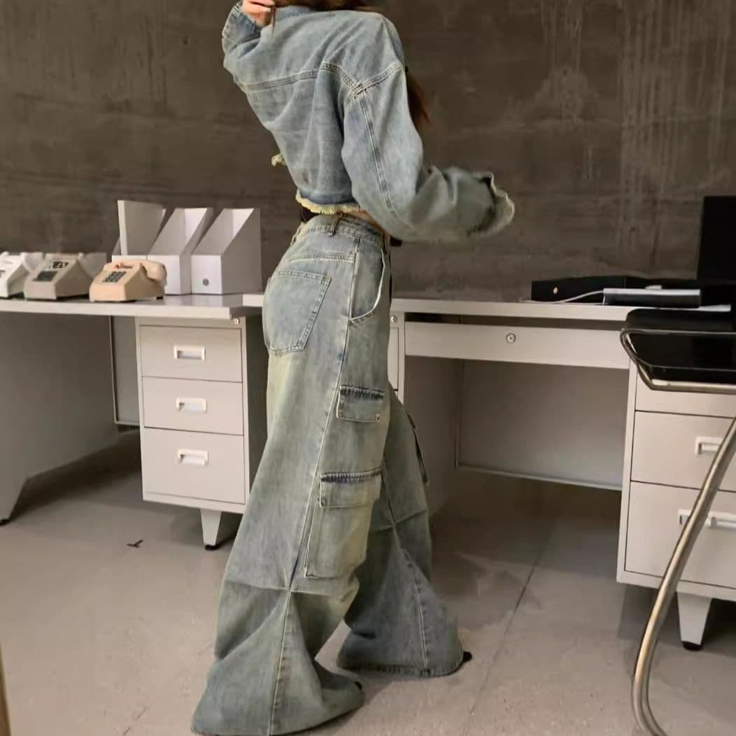 カットオフデニムクロップドジャケット×ストレートワイドパンツ ワークテイスト ヴィンテージ風Y2Kセットアップ（上下別売り）