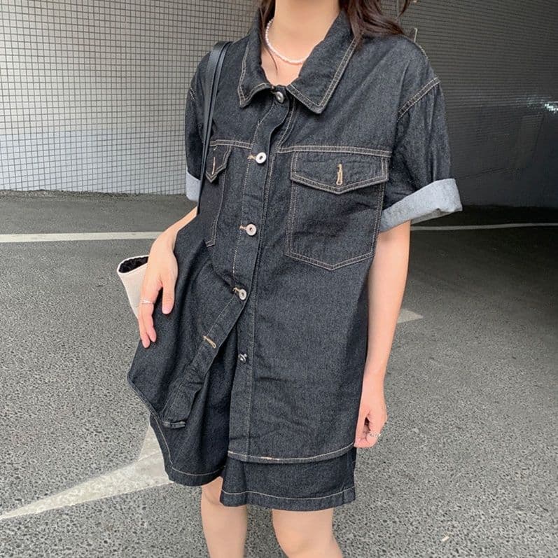 デニムセットアップ ゆったり半袖シャツ＋ショートパンツ 汎用性抜群 こなれカジュアルセット