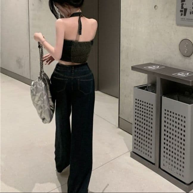 ビスチェ風ホルターネックトップス×デニムワイドパンツ 小悪魔系Y2Kセットアップ
