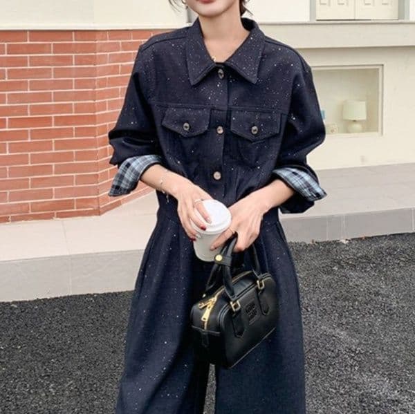 ラメ装飾ネイビーデニムジャケット＆ワイドパンツ 着回し抜群 ゆったりフェミニンセットアップ