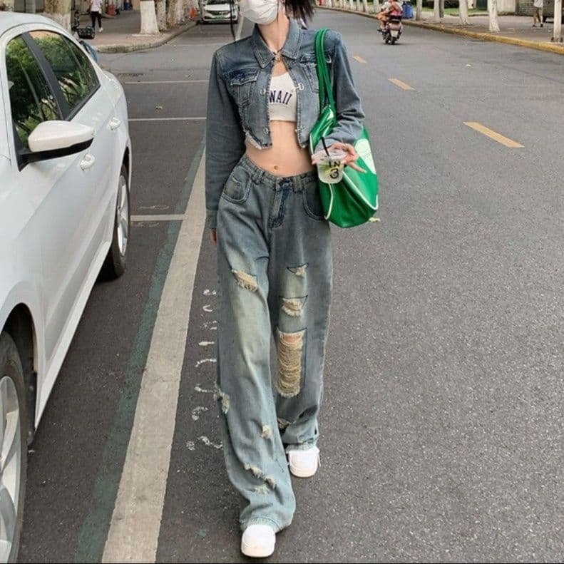 デニムセットアップ ダメージ加工クロップドジャケット×ワイドロングパンツ 香港ストリート風 甘辛華奢見え2点セット