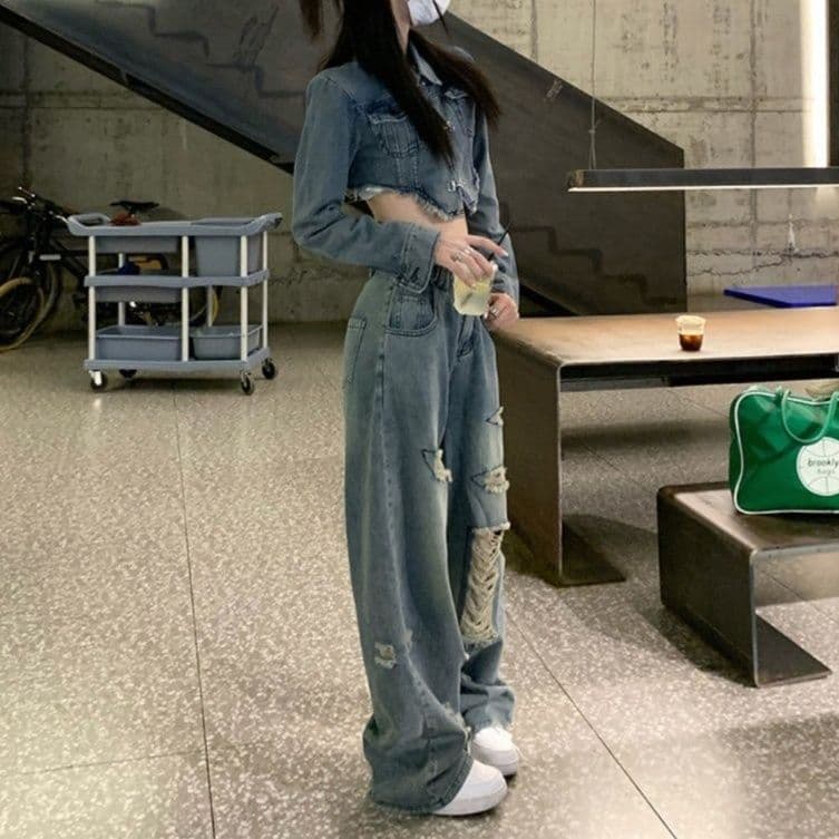 デニムセットアップ ダメージ加工クロップドジャケット×ワイドロングパンツ 香港ストリート風 甘辛華奢見え2点セット