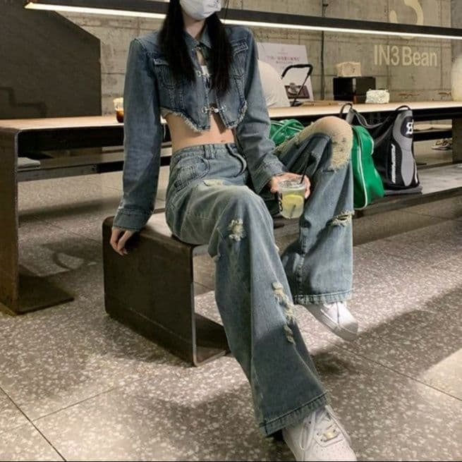 デニムセットアップ ダメージ加工クロップドジャケット×ワイドロングパンツ 香港ストリート風 甘辛華奢見え2点セット