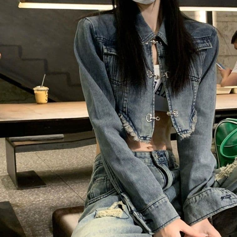 デニムセットアップ ダメージ加工クロップドジャケット×ワイドロングパンツ 香港ストリート風 甘辛華奢見え2点セット