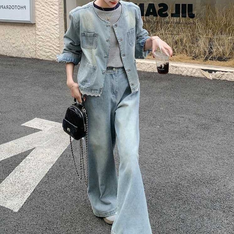 デニムセットアップ レース装飾ノーカラージャケット・ワイドパンツ 小柄さん向け ゆる可愛い レトロフェミニンツーピースセット