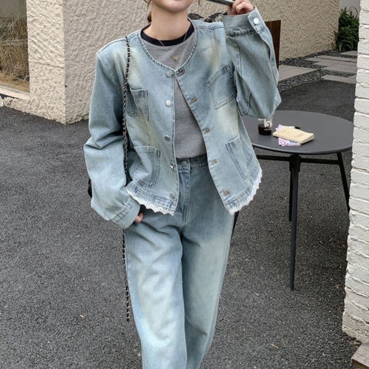 デニムセットアップ レース装飾ノーカラージャケット・ワイドパンツ 小柄さん向け ゆる可愛い レトロフェミニンツーピースセット