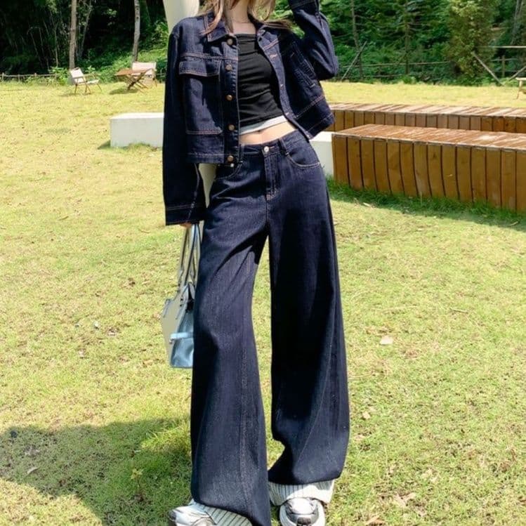 ワーク風ショートジャケット＆ストライプ切替ワイドパンツ ゆったり塩系デニムセットアップ（上下別売り）
