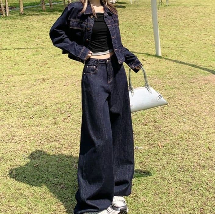 ワーク風ショートジャケット＆ストライプ切替ワイドパンツ ゆったり塩系デニムセットアップ（上下別売り）