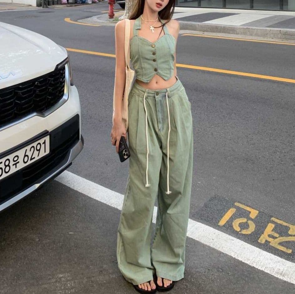 デニムセットアップ ビスチェトップス×ワイドパンツ 甘辛レトロ2点セット
