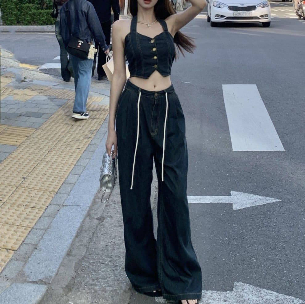 デニムセットアップ ビスチェトップス×ワイドパンツ 甘辛レトロ2点セット