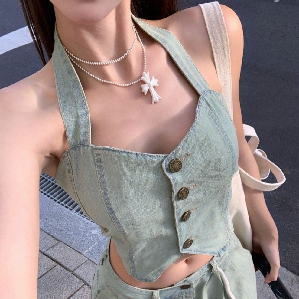 デニムセットアップ ビスチェトップス×ワイドパンツ 甘辛レトロ2点セット