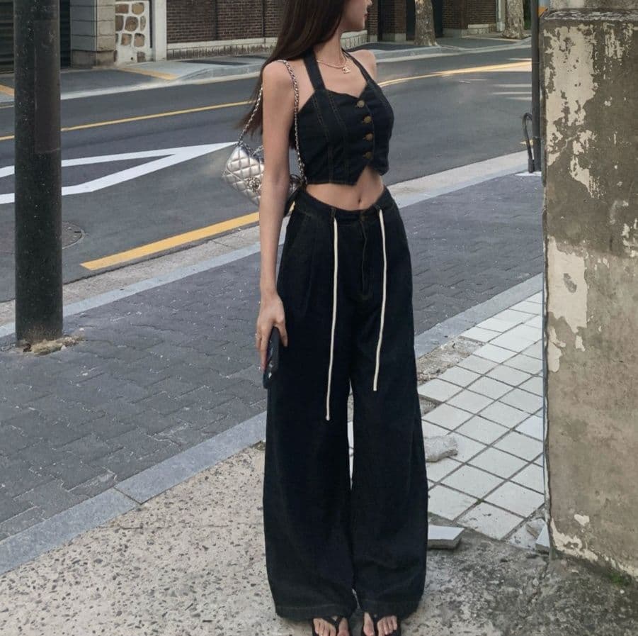デニムセットアップ ビスチェトップス×ワイドパンツ 甘辛レトロ2点セット