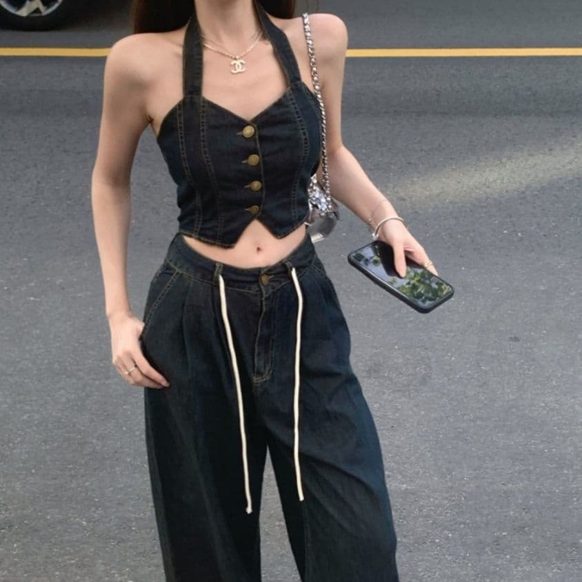 デニムセットアップ ビスチェトップス×ワイドパンツ 甘辛レトロ2点セット