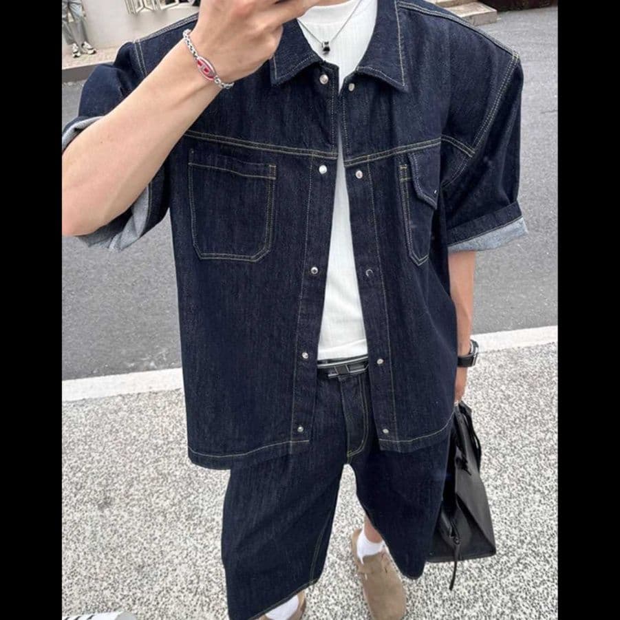 デニムセットアップ ゆったり半袖シャツ＆ワイドハーフパンツ クールカジュアルなメンズ向け2点セット