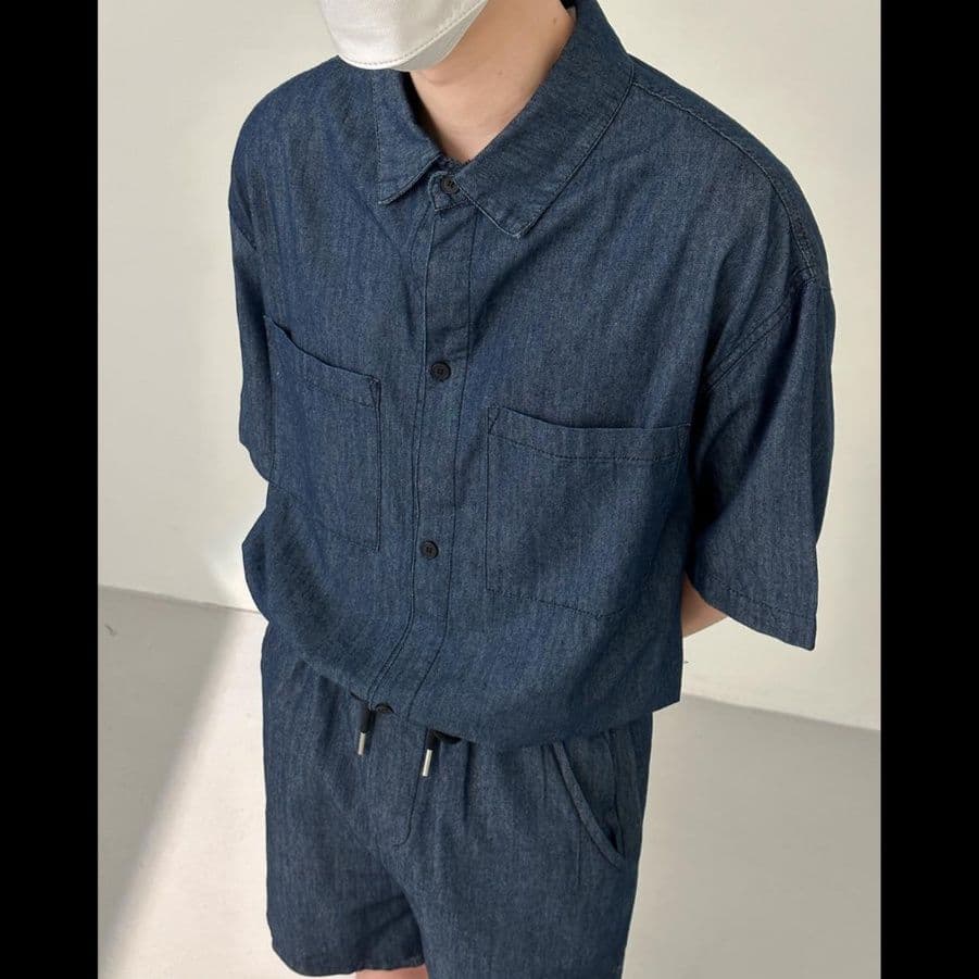 デニムセットアップ 半袖シャツ＋ハーフパンツ メンズ向け ゆったりクールカジュアル2点セット