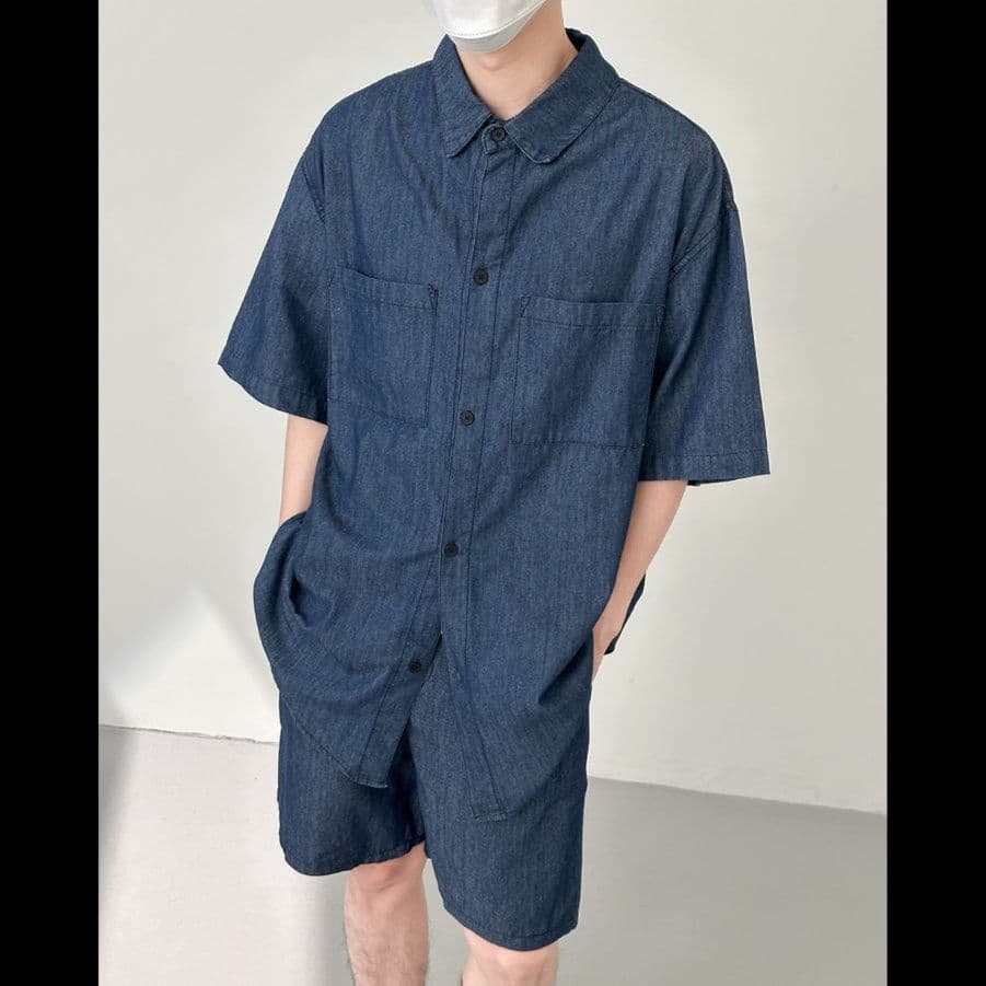 デニムセットアップ 半袖シャツ＋ハーフパンツ メンズ向け ゆったりクールカジュアル2点セット