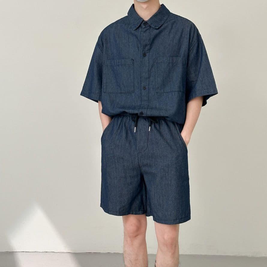 デニムセットアップ 半袖シャツ＋ハーフパンツ メンズ向け ゆったりクールカジュアル2点セット