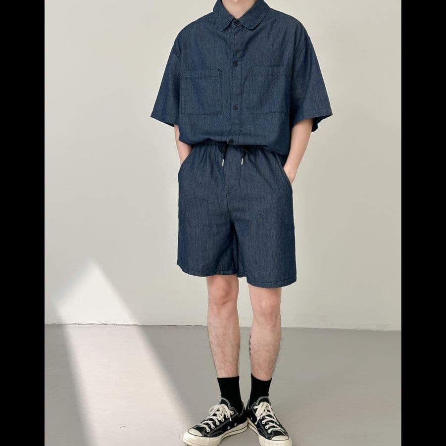 デニムセットアップ 半袖シャツ＋ハーフパンツ メンズ向け ゆったりクールカジュアル2点セット