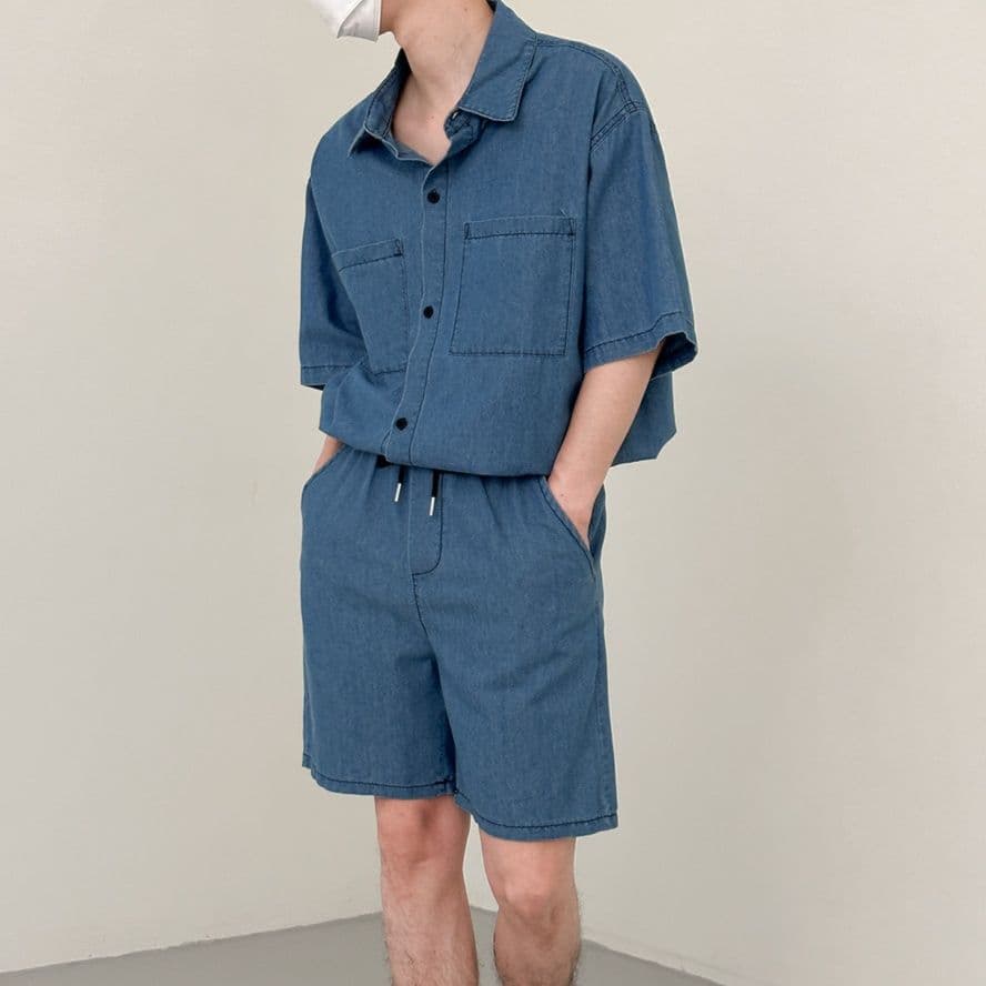 デニムセットアップ 半袖シャツ＋ハーフパンツ メンズ向け ゆったりクールカジュアル2点セット