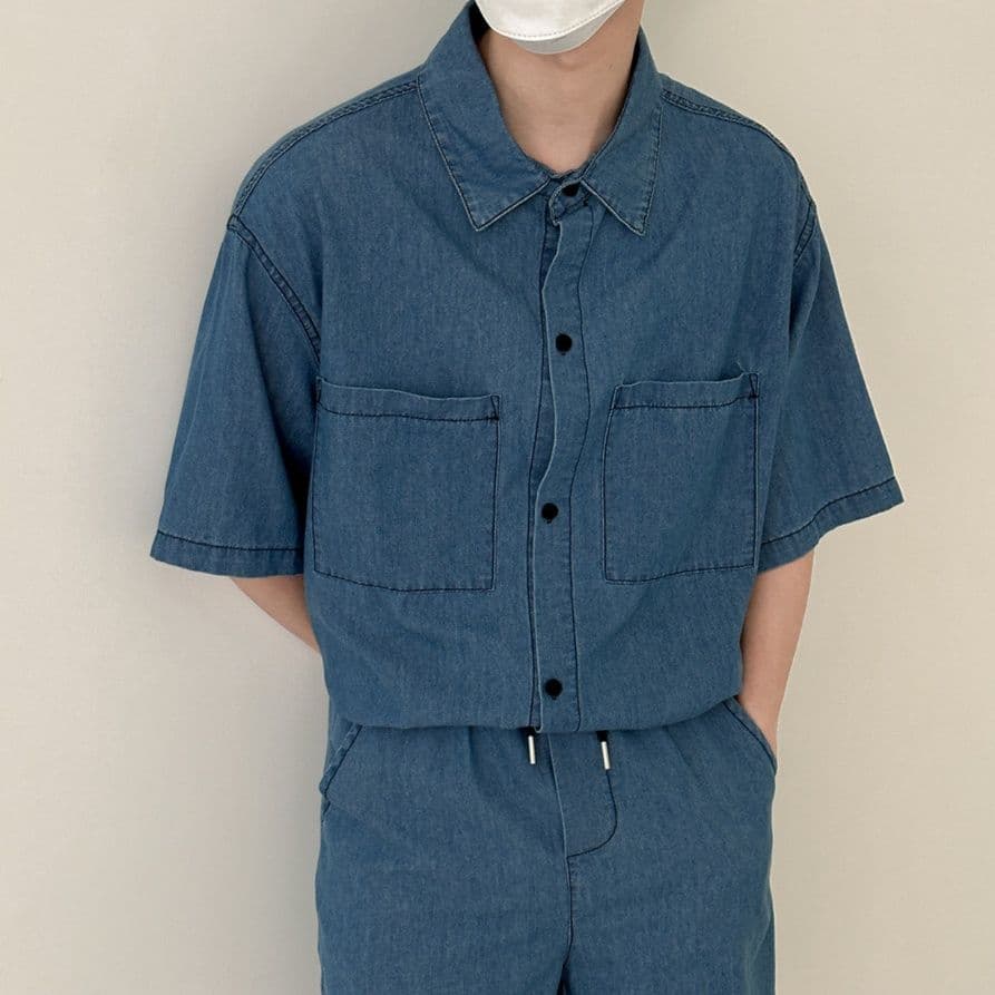 デニムセットアップ 半袖シャツ＋ハーフパンツ メンズ向け ゆったりクールカジュアル2点セット