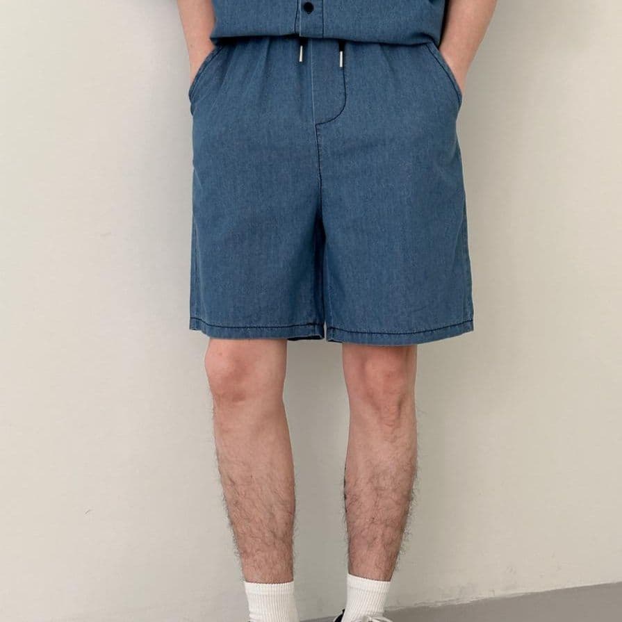 デニムセットアップ 半袖シャツ＋ハーフパンツ メンズ向け ゆったりクールカジュアル2点セット