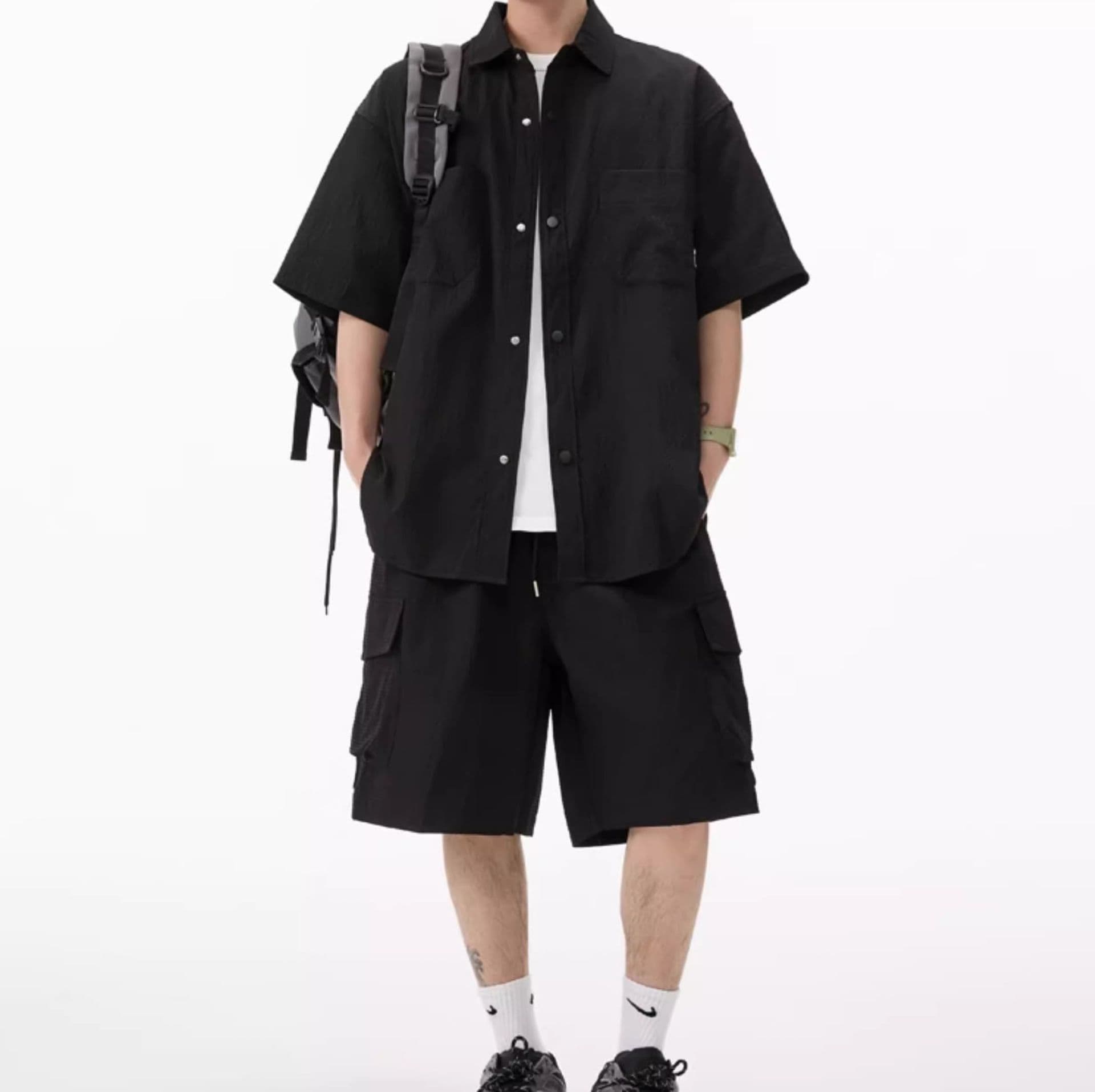 デニムセットアップ 半袖シャツ＆カーゴポケットハーフパンツ 3色展開 夏向けメンズ2点セット