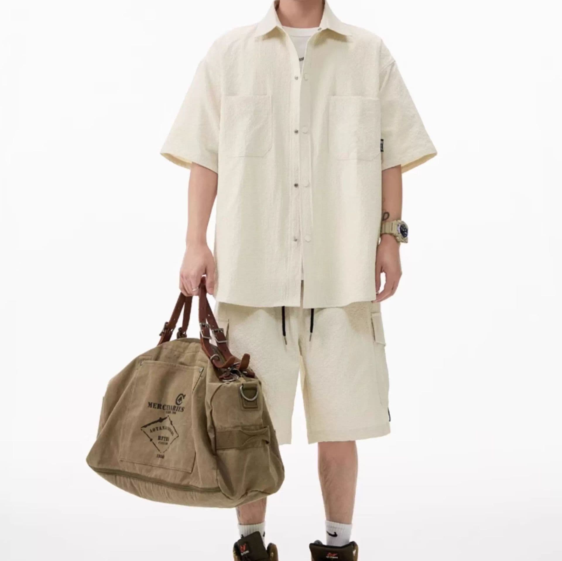 デニムセットアップ 半袖シャツ＆カーゴポケットハーフパンツ 3色展開 夏向けメンズ2点セット