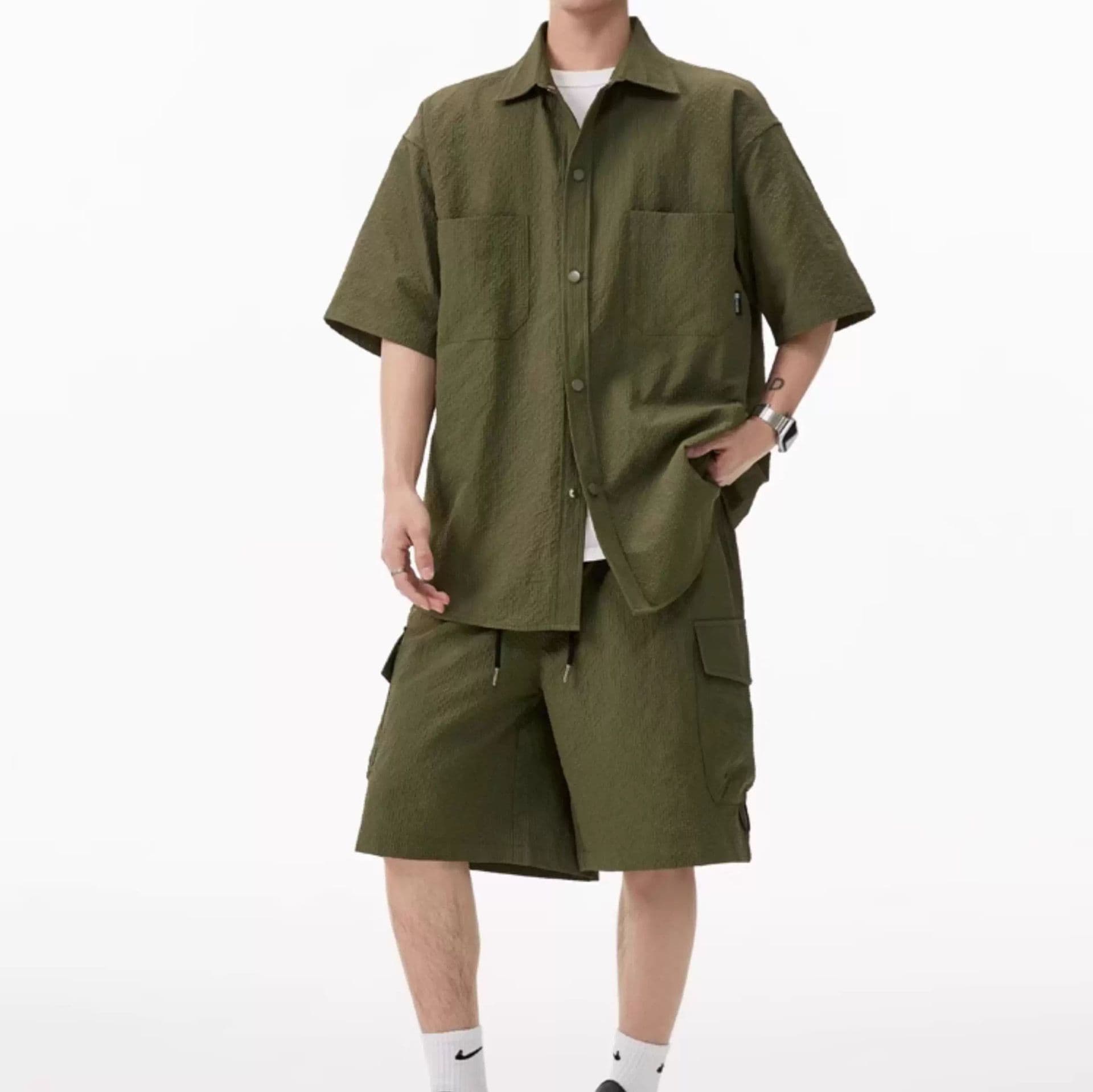 デニムセットアップ 半袖シャツ＆カーゴポケットハーフパンツ 3色展開 夏向けメンズ2点セット