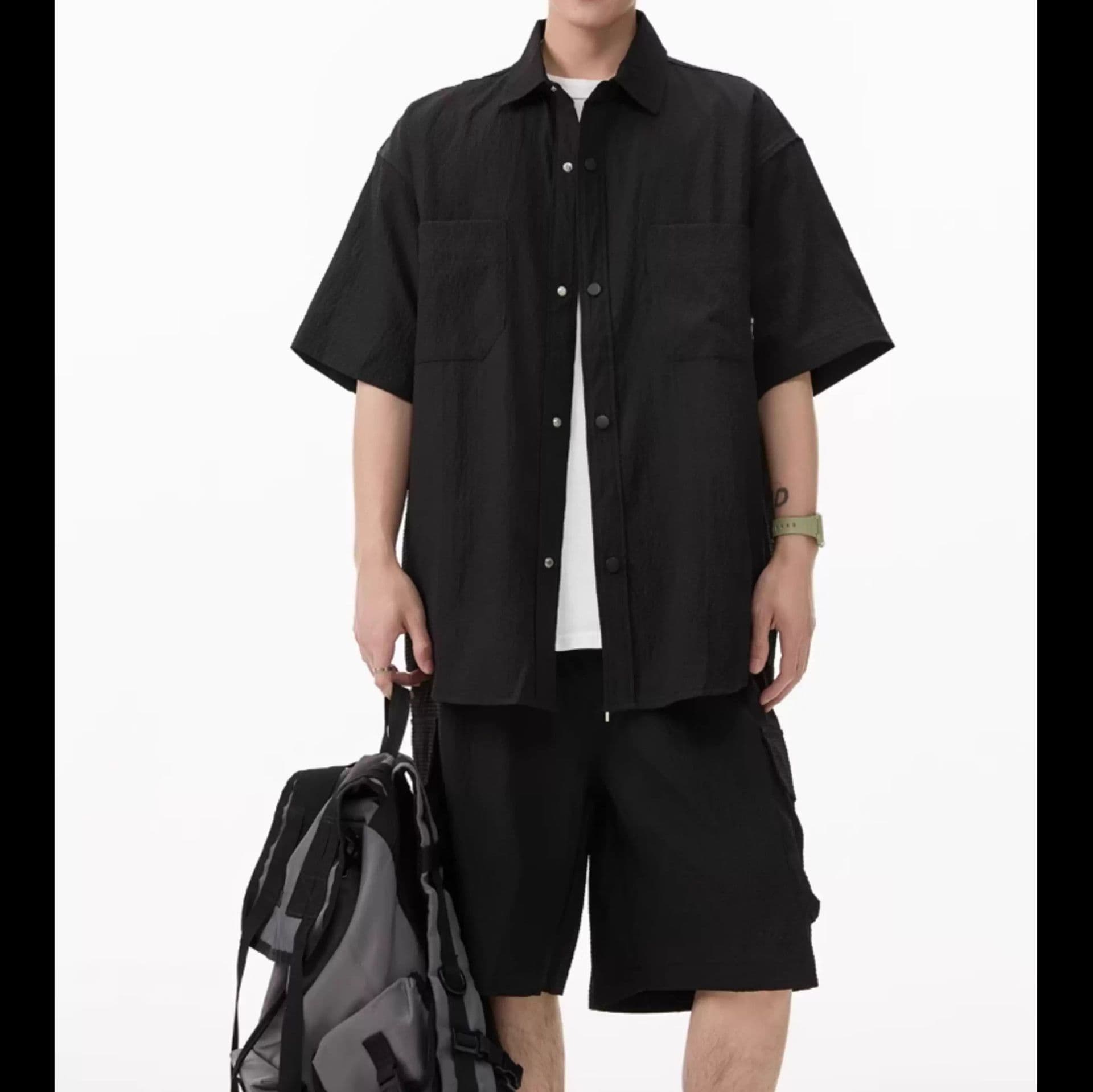 デニムセットアップ 半袖シャツ＆カーゴポケットハーフパンツ 3色展開 夏向けメンズ2点セット