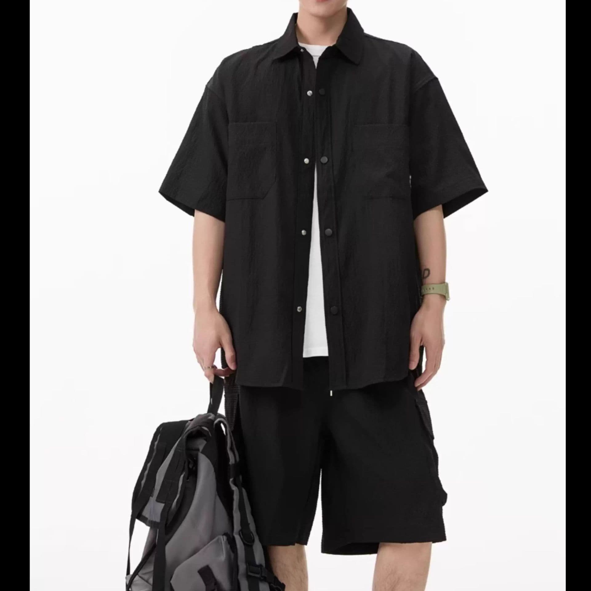 デニムセットアップ 半袖シャツ＆カーゴポケットハーフパンツ 3色展開 夏向けメンズ2点セット