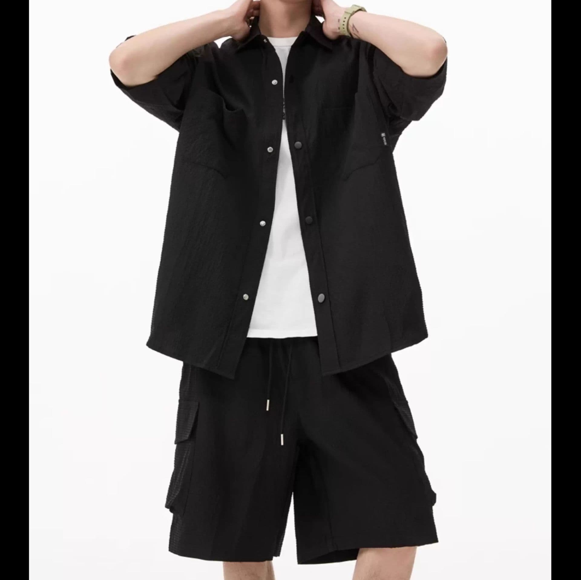 デニムセットアップ 半袖シャツ＆カーゴポケットハーフパンツ 3色展開 夏向けメンズ2点セット
