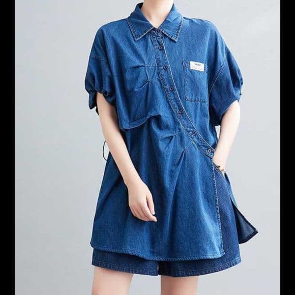 デニムセットアップ 斜めボタンシャツ×ショートパンツ 人とかぶらない細見えレトロモダン2点セット