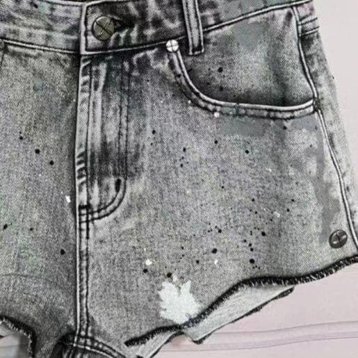 十字刺繍入りデニムショートジャケット×ショートパンツ 着回し抜群 ウォッシュ加工タイトフィットセットアップ（上下別売り）