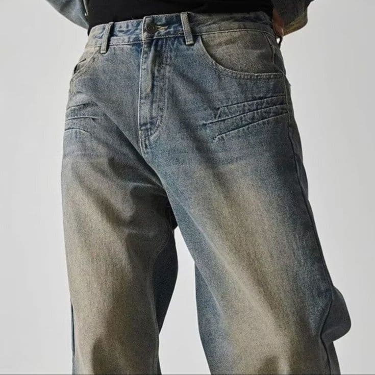 ウォッシュ加工デニムジャケット×ストレートパンツ メンズ向け ヴィンテージ風ハイストリートセットアップ