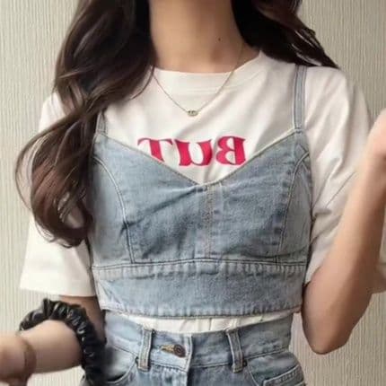 デニムセットアップ ミニ丈ビスチェトップス×ハイウエスト微フレアパンツ 華奢見え上下セット